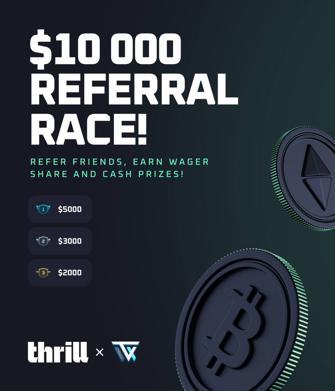 $10,000 Referral Race — refer friends, earn wager share and cash prizes! $5000 / $3000 / $2000
